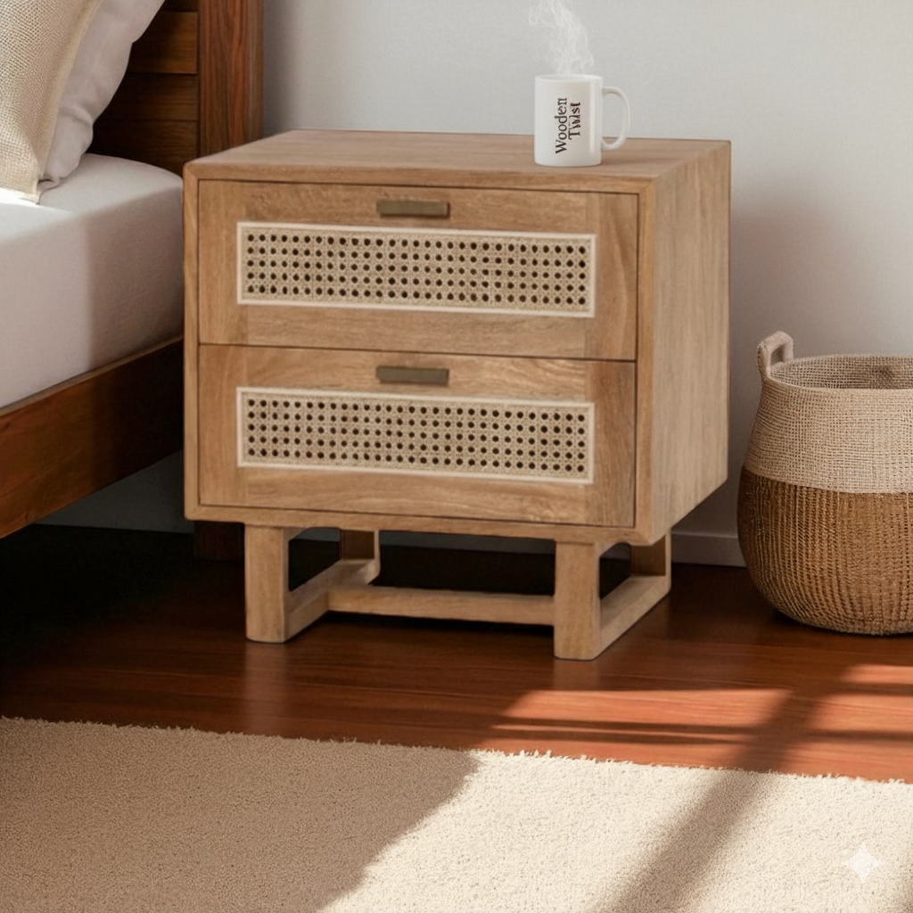 Wooden Twist Arnitra Modern Rattan Spline Bedside Table with 2 Spacious Storage Drawers Rustic Nightstand for Bedroom - Woode