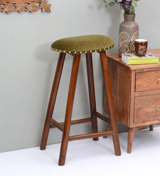 Curved Mango Wood Bar Stool In Velvet Green Colour - WoodenTwist