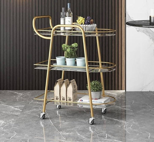 Golden Round Two Tier Bar Cart Trolley with Clear Glass Shelves