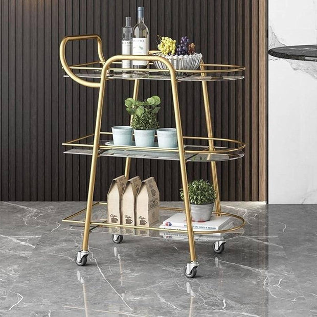 Golden Round Two Tier Bar Cart Trolley with Clear Glass Shelves