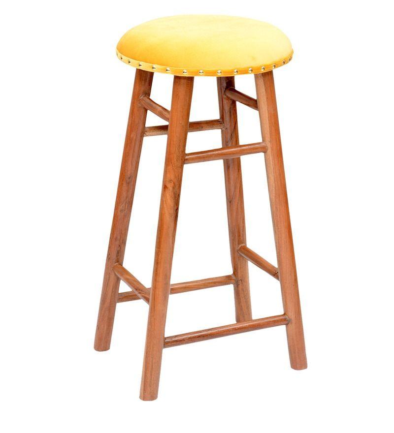 Round Mango Wood Bar Stool In Velvet Yellow Colour - WoodenTwist