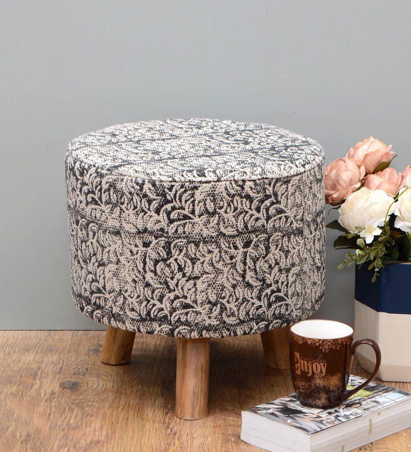 Solid Wood Foot Stool In Cotton Black Colour - WoodenTwist