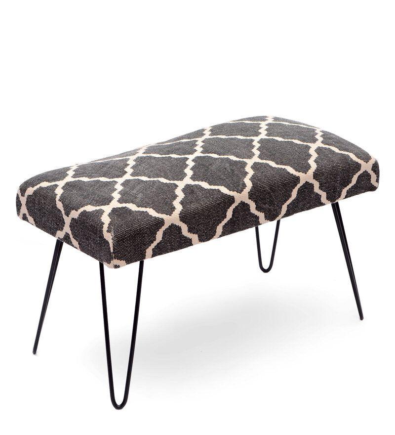 Mango Wood Bench In Cotton Black Colour With Metal Legs - WoodenTwist