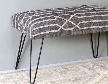 Mango Wood Bench In Cotton Black Colour With Metal Legs - WoodenTwist