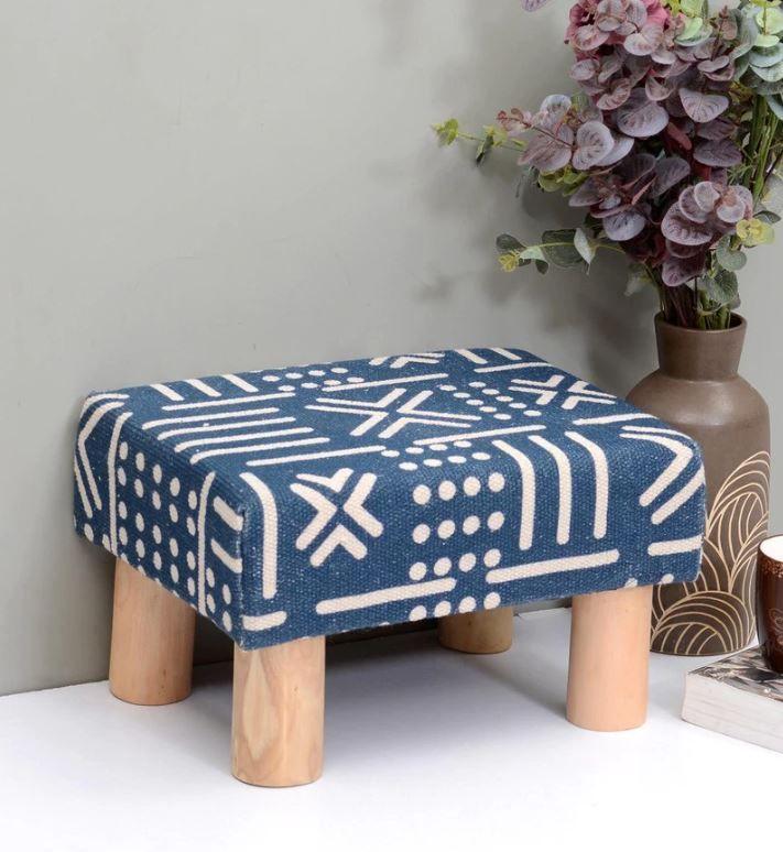 Solid Wood Foot Stool In Cotton Blue Colour - WoodenTwist