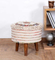 Mango Wood Foot Stool In Cotton White Colour - WoodenTwist