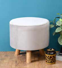 Solid Wood Foot Stool In Velvet White Colour - WoodenTwist