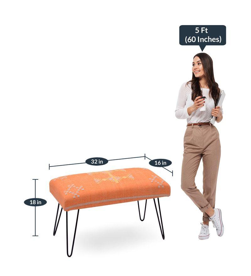 Mango Wood Bench In Cotton Orange Colour With Metal Legs - WoodenTwist