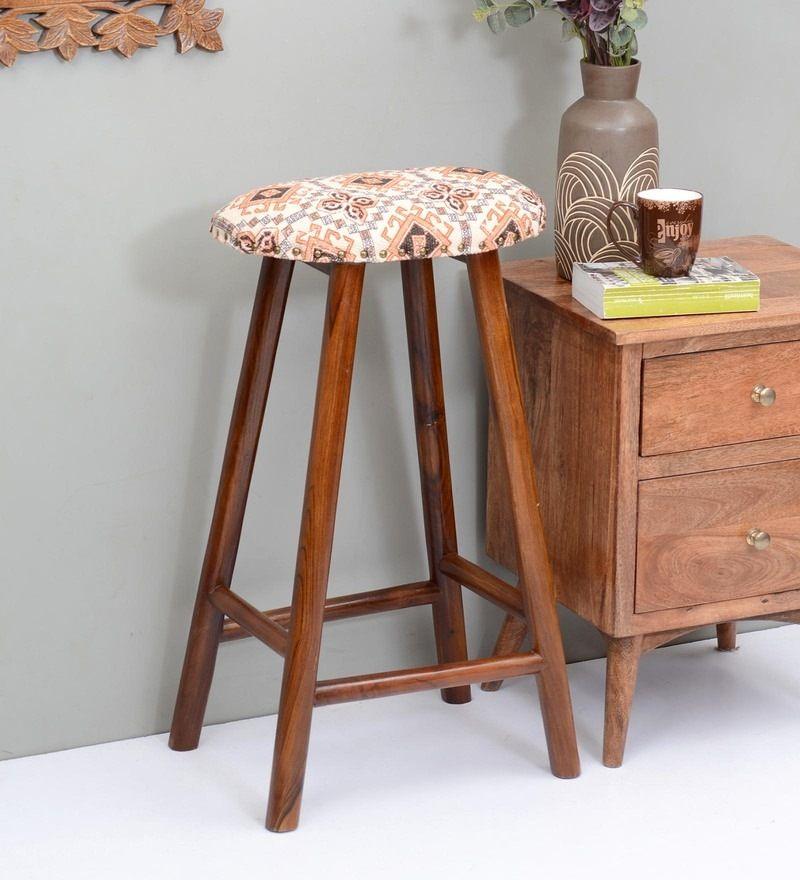 Curved Mango Wood Bar Stool In Cotton Brown Colour - WoodenTwist