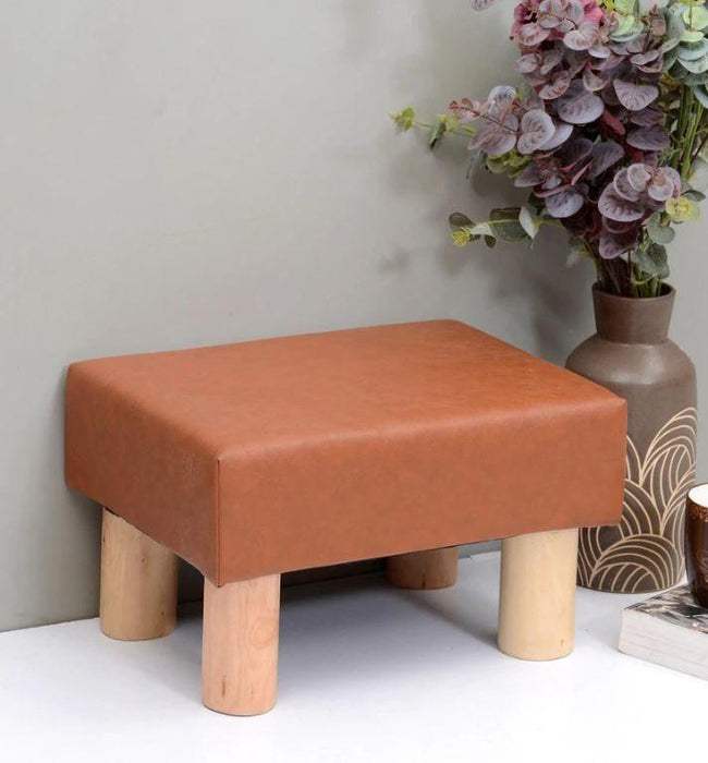 Solid Wood Foot Stool In Leather Orange Colour - WoodenTwist