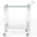 Close-up of Clear Glass Shelves on Rectangle Trolley