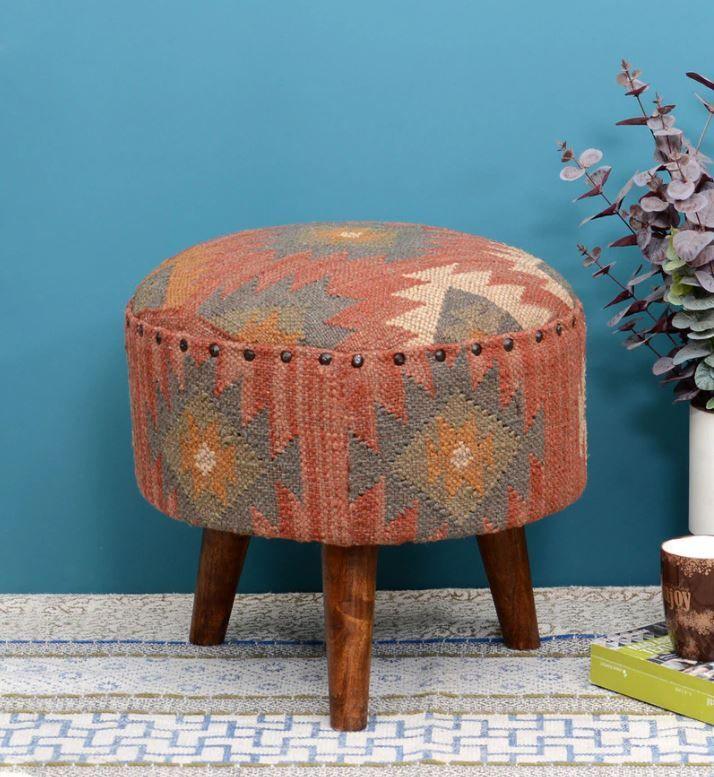 Mango Wood Foot Stool In Cotton Pink Colour - WoodenTwist