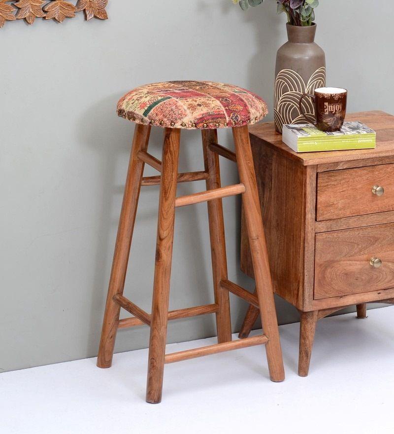 Round Mango Wood Bar Stool In Cotton Multicolour - WoodenTwist