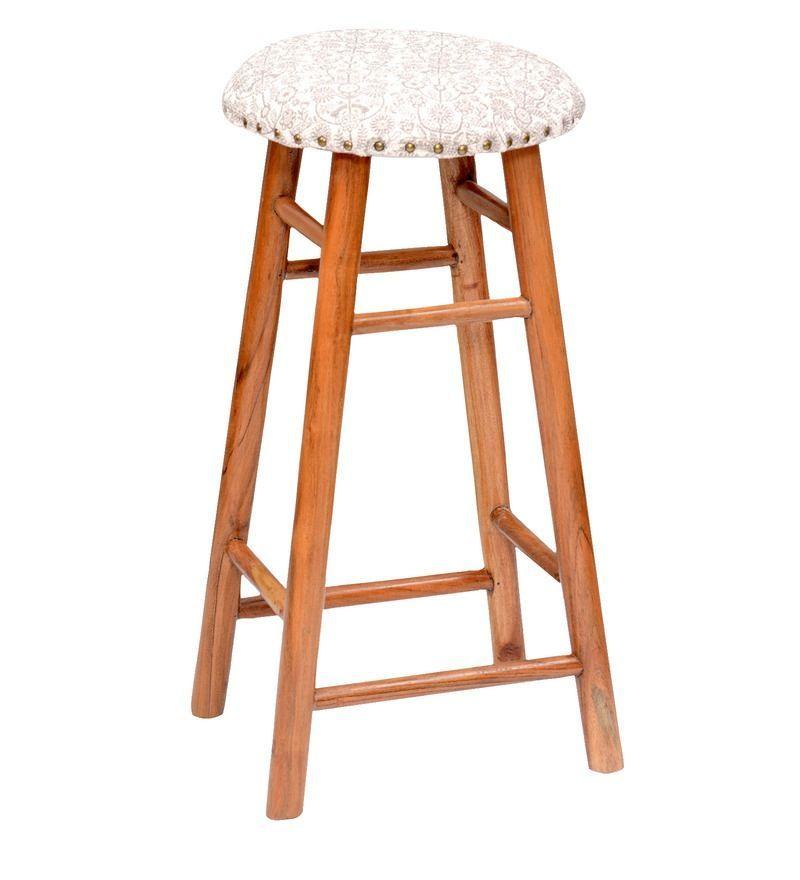 Round Mango Wood Bar Stool In Cotton Brown Colour - WoodenTwist