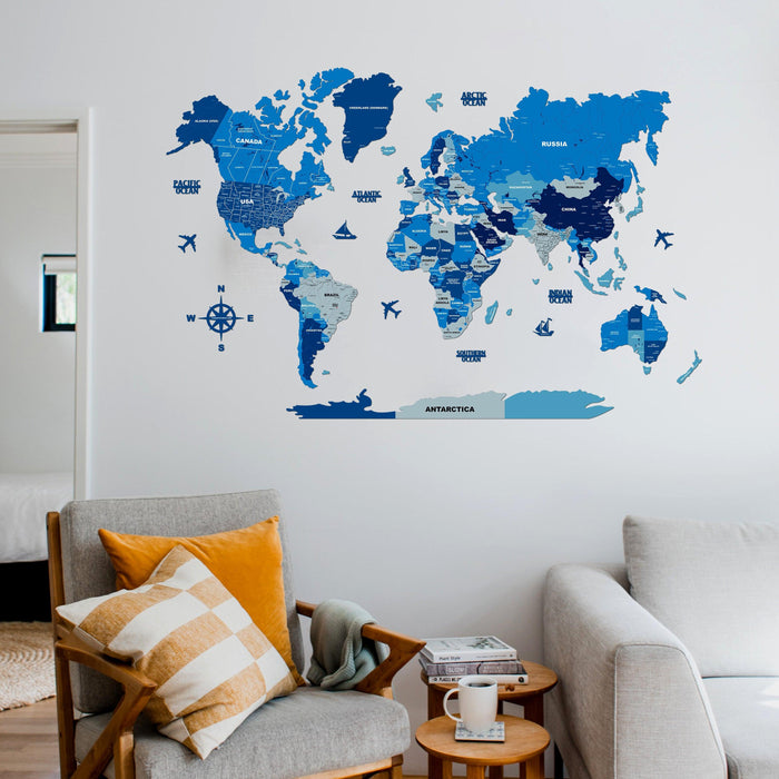 3D Tory Blue Wooden World Map