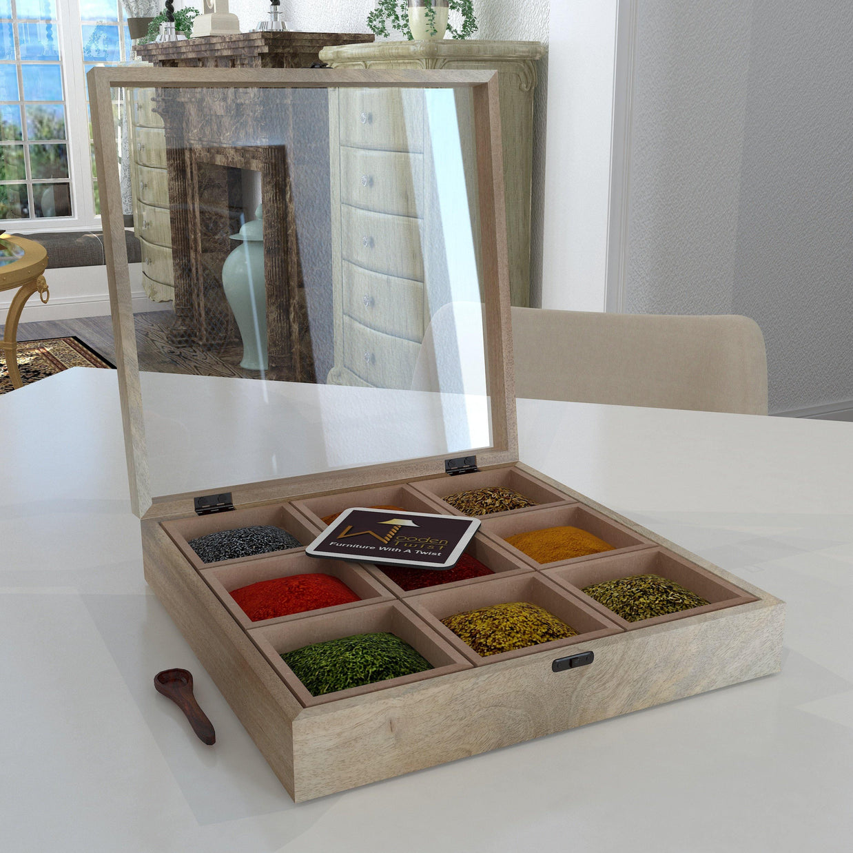 Mango wood spice box container with 9 containers