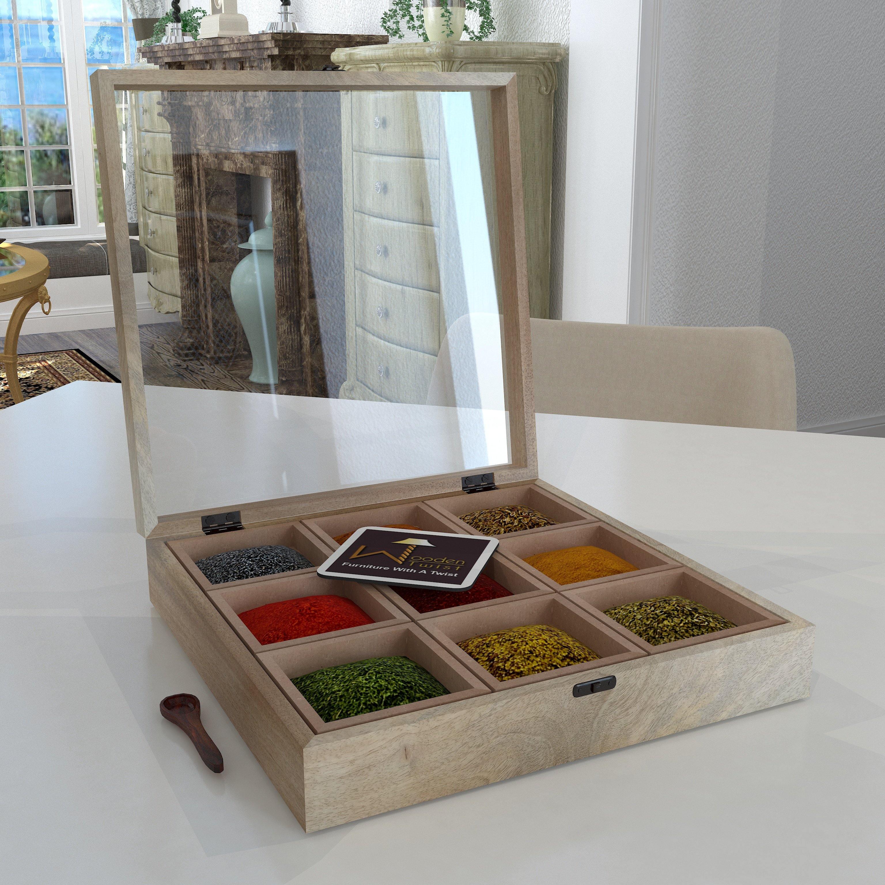 Mango wood spice box container with 9 containers