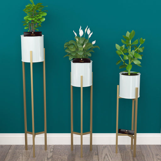 Sinolodo Large Floor Standing Planters with Metal Stand Pack of 3, Extra  Large Plant Pot Container, Black and Gold Tree Planter Flower Pots and