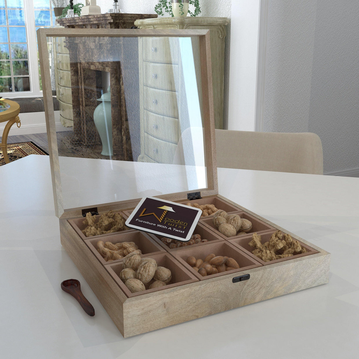 Wooden spice box used as dry fruit storage box