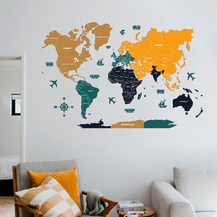 2D Sepia & Amber Wooden World Map