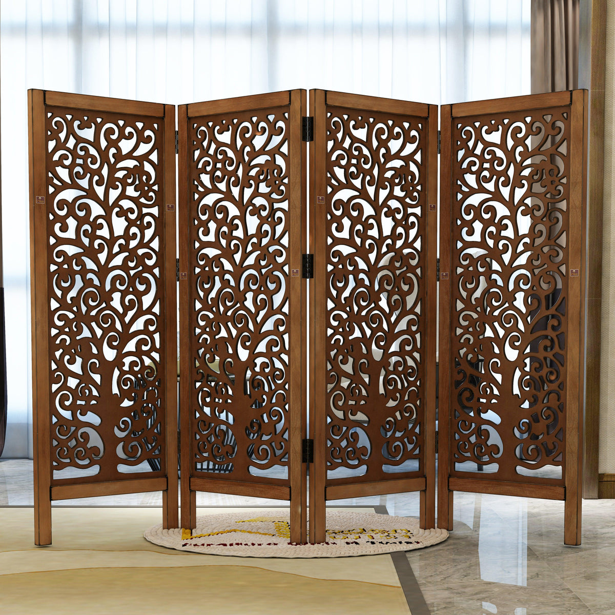 Low Height Solid Wood Room Divider Separator Wooden Partition 4 Panel ( Brown ) - WoodenTwist