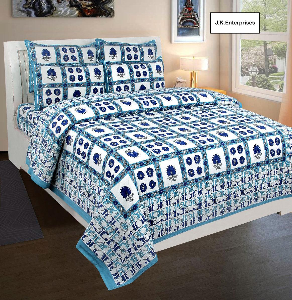 Rajasthani Traditional Jaipuri Cotton King Size Double Bed Sheet with Two Pillow Covers - WoodenTwist