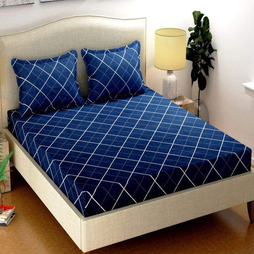 Glace Cotton Double Bedsheet with 2 Pillow Covers (Bluelines) - WoodenTwist