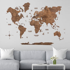 3D Wooden World Map Ebony Prime - WoodenTwist