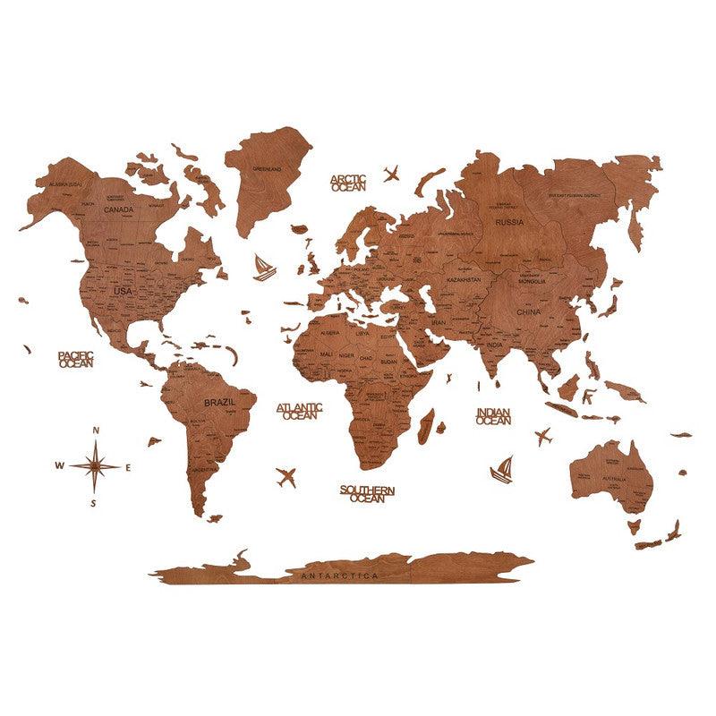 2D Wooden World Map Pecan Basic - WoodenTwist