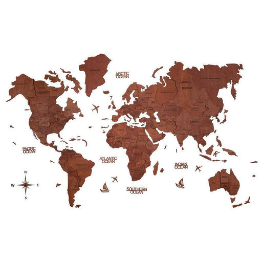 3D Wooden World Map Pecan Basic - WoodenTwist