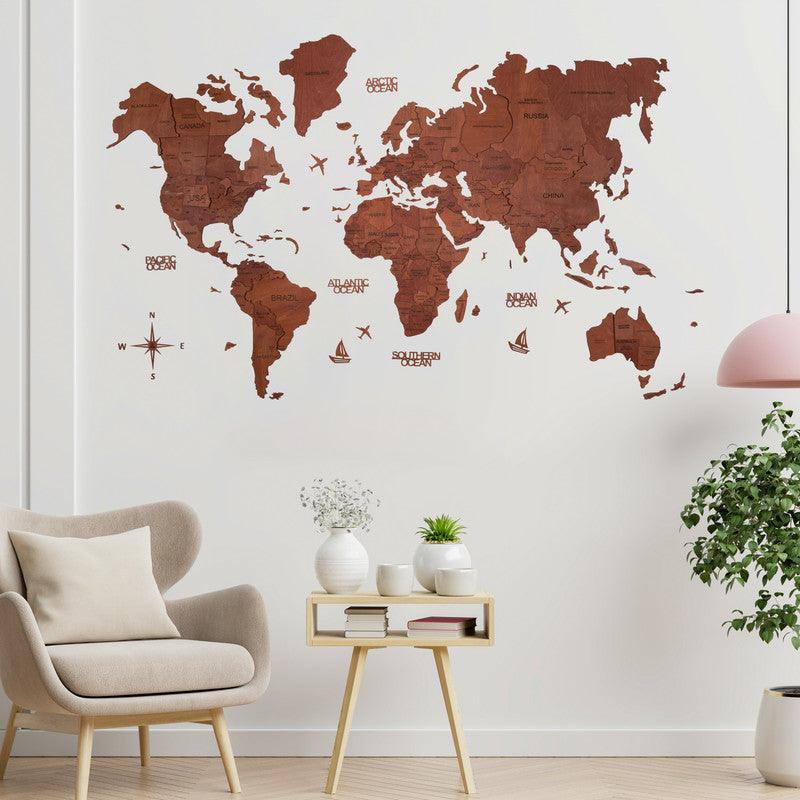 3D Wooden World Map Pecan Basic - WoodenTwist