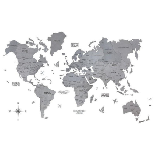 2D Colored Wooden World Map Pearly Silver Prime - WoodenTwist