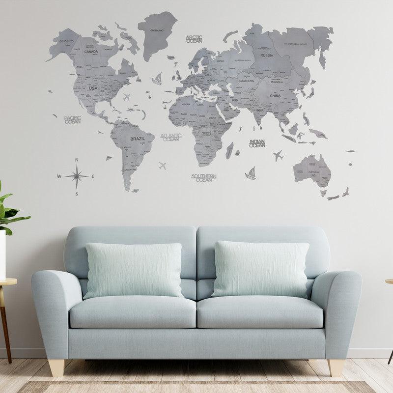 2D Colored Wooden World Map Pearly Silver Basic - WoodenTwist