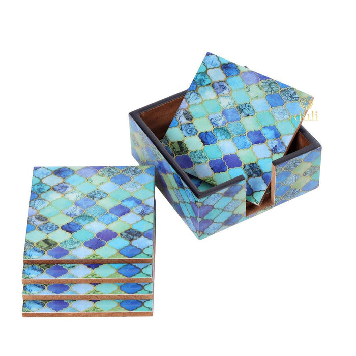 Enamel Coated Coasters in MDF Wood for Home and Dining Table Bluedrops Design (Set of 6 with case) - WoodenTwist