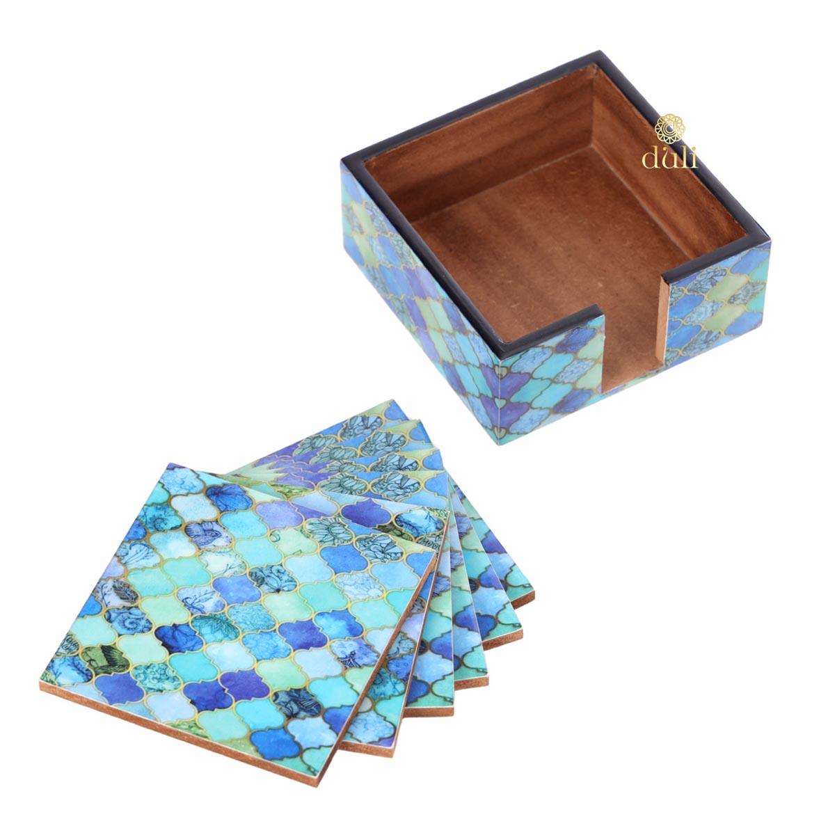 Enamel Coated Coasters in MDF Wood for Home and Dining Table Bluedrops Design (Set of 6 with case) - WoodenTwist