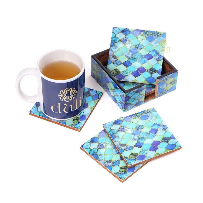 Enamel Coated Coasters in MDF Wood for Home and Dining Table Bluedrops Design (Set of 6 with case) - WoodenTwist