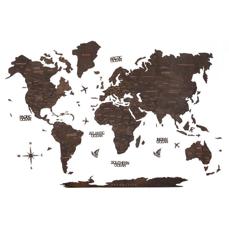 3D Wooden World Map Jacobean Basic - WoodenTwist