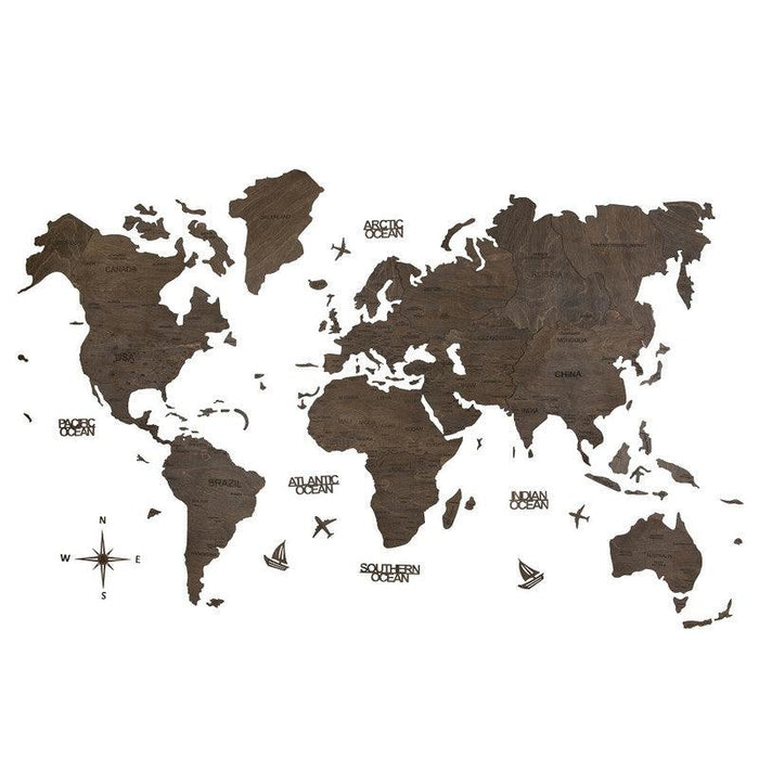 2D Wooden World Map Ebony Basic - WoodenTwist