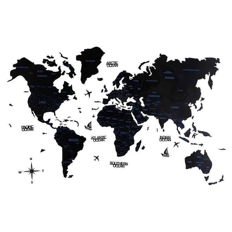 2D Colored Wooden World Map Obsidian Black Basic - WoodenTwist