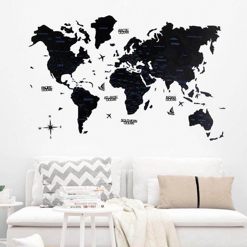 2D Colored Wooden World Map Obsidian Black Basic - WoodenTwist