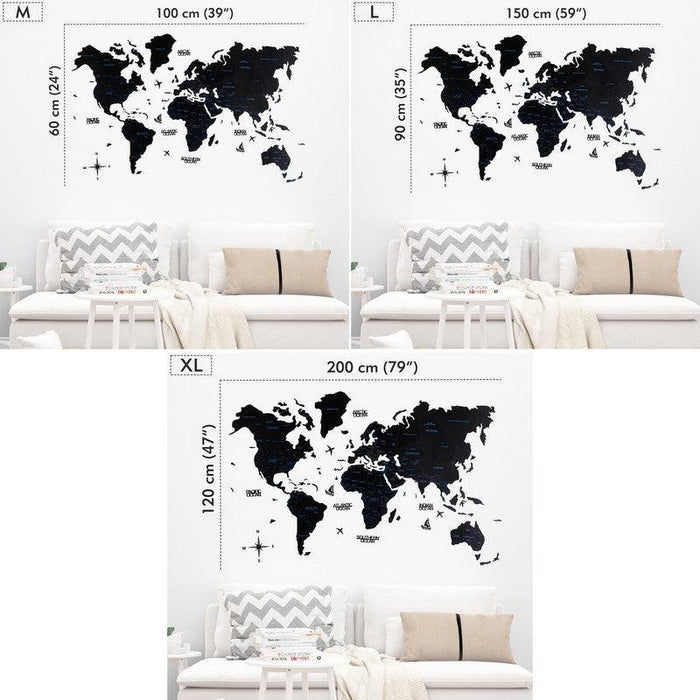 2D Colored Wooden World Map Obsidian Black Basic - WoodenTwist