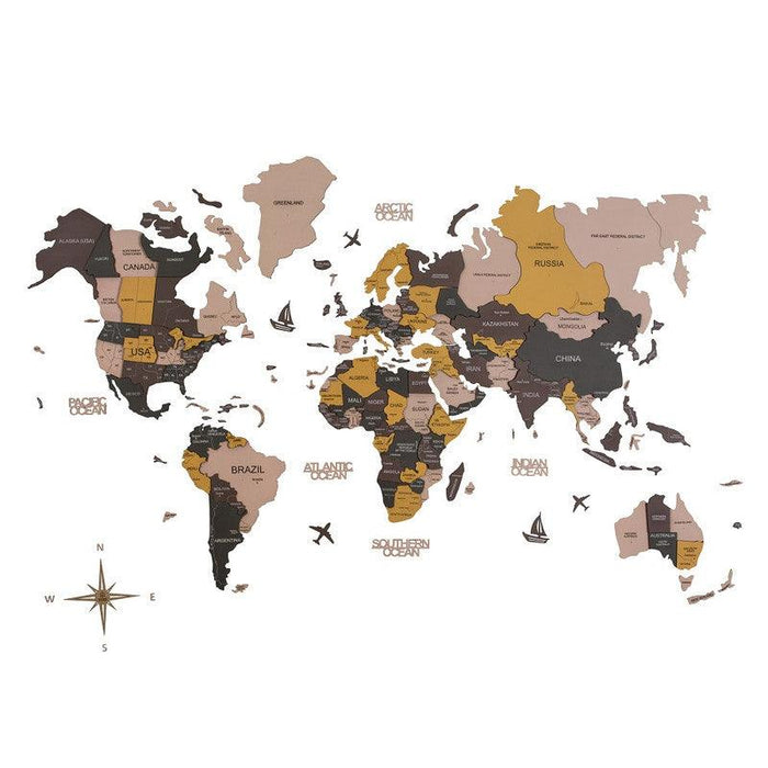 3D Colored Wooden World Map Shabby Chic Neutrals Prime - WoodenTwist