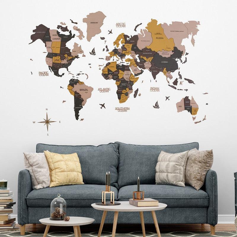 3D Colored Wooden World Map Shabby Chic Neutrals Prime - WoodenTwist