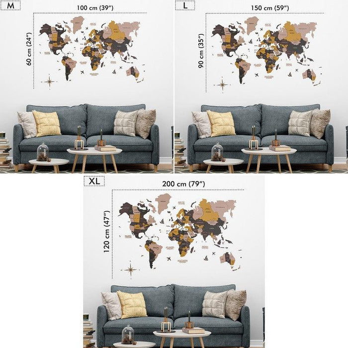 3D Colored Wooden World Map Shabby Chic Neutrals Basic - WoodenTwist