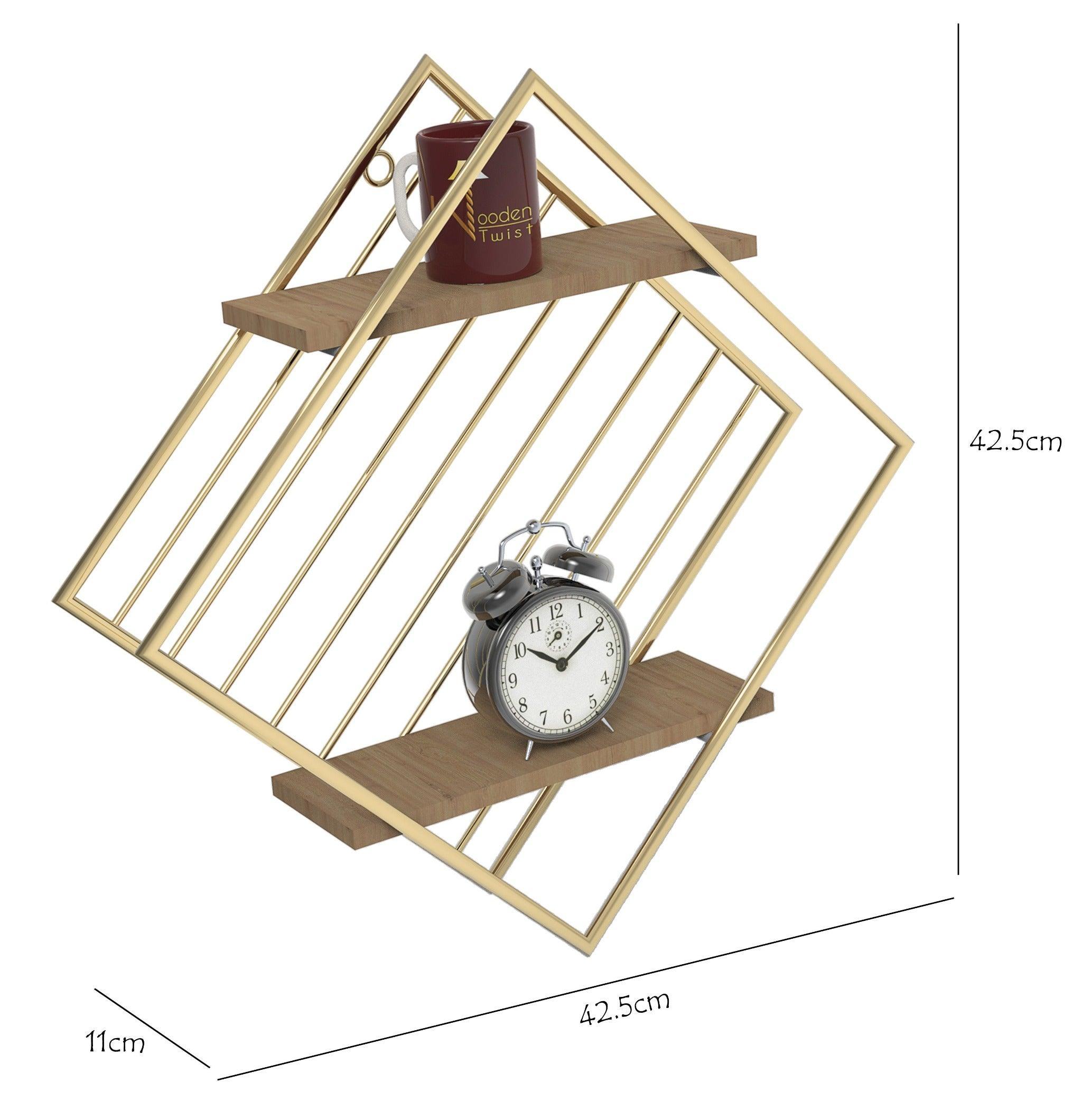 Metallic Twist 2-tier wooden wall shelf in golden finish