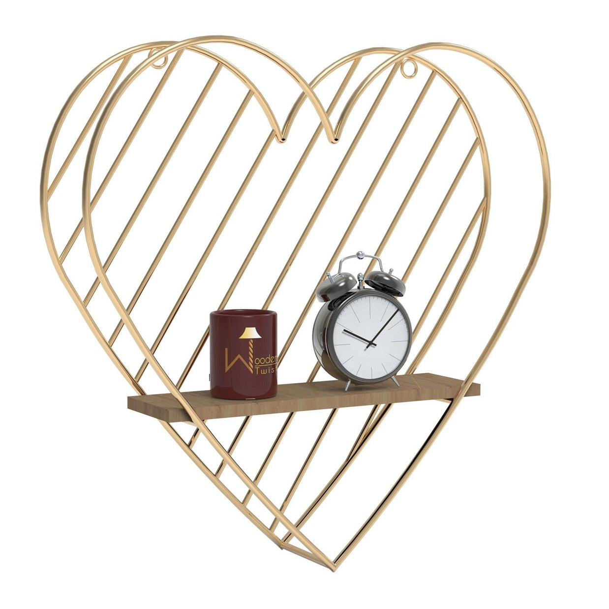Metallic Twist heart shape wooden wall shelf in golden finish