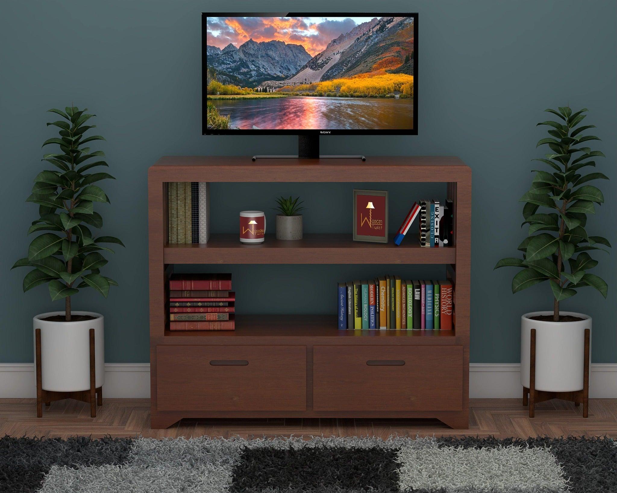 Wooden Twist Pierce Mango Wood TV Unit - Honey Finish, front view
