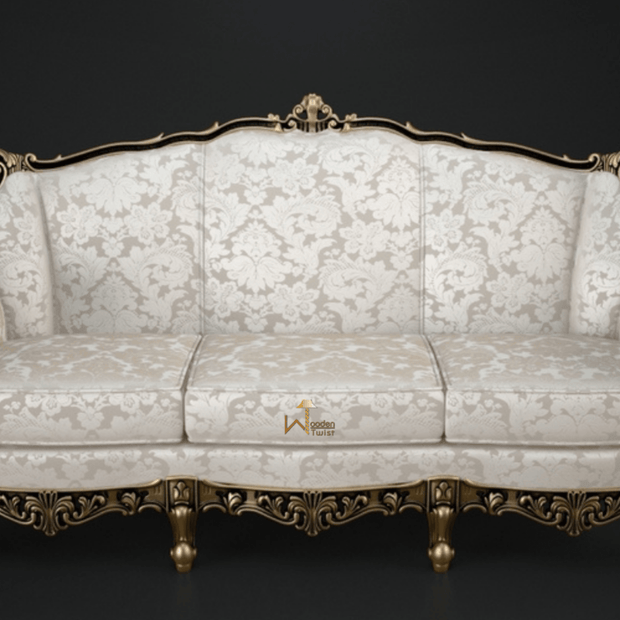 Carved 6 Seater Teak Wood Sofa Set With Centre Table In Antique Gold Finish - WoodenTwist