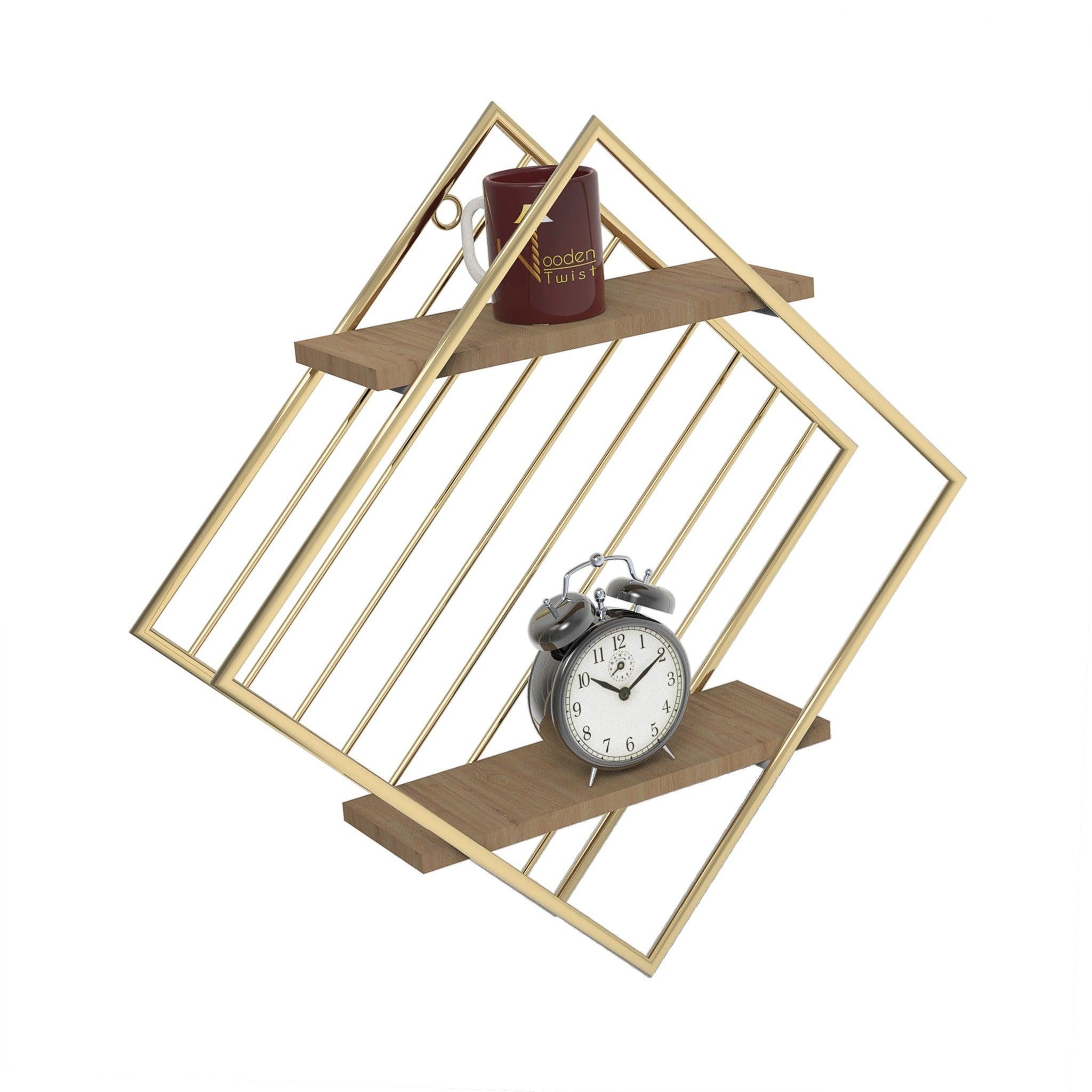 Golden wood and wrought iron 2-tier wall shelf close-up