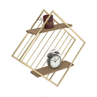 Golden wood and wrought iron 2-tier wall shelf close-up